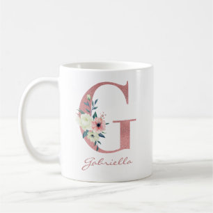 Mug Élégante lettre florale G Bouquet rose et ivoire