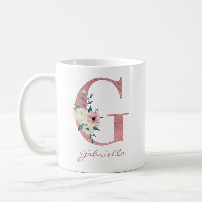 Mug Élégante lettre florale G Bouquet rose et ivoire (Gauche)