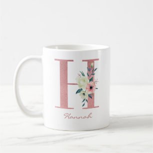 Mug Élégante lettre florale H Bouquet rose et ivoire
