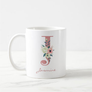 Mug Élégante lettre florale J Bouquet rose et ivoire
