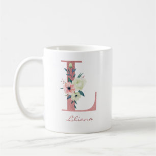 Mug Élégante lettre florale L Bouquet rose et ivoire