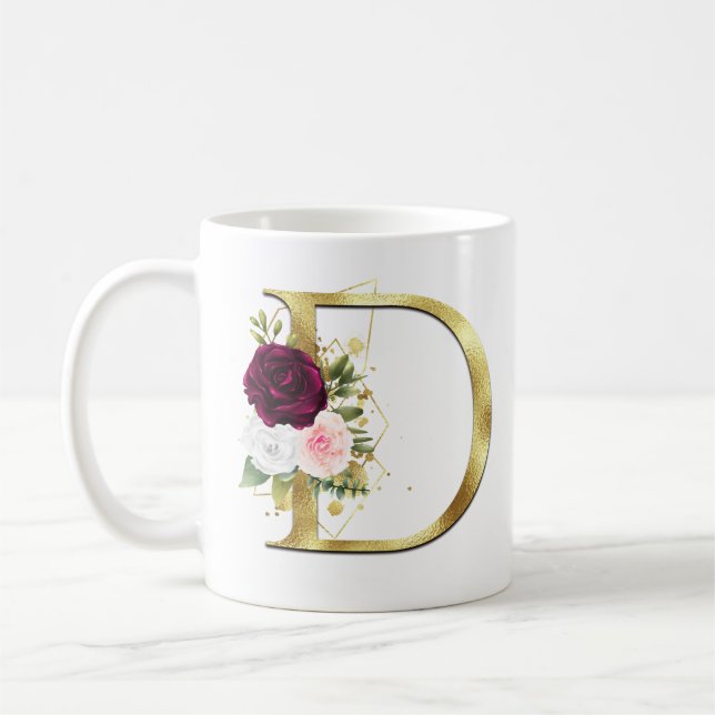 Mug Élégante lettre or D rose Bourgogne Rose Monogramm (Gauche)
