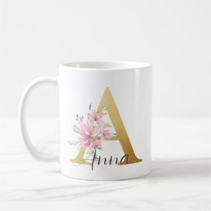 Mug Élégante lettre rose florale or Monogramme A