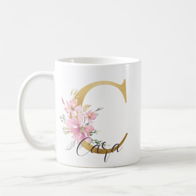 Mug Élégante lettre rose florale or Monogramme C (Gauche)
