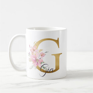 Mug Élégante lettre rose florale or Monogramme G