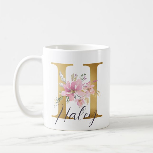 Mug Élégante lettre rose florale or Monogramme H (Gauche)