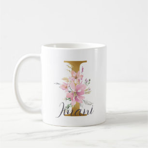 Mug Élégante lettre rose florale or Monogramme I