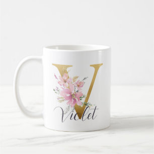 Mug Élégante lettre rose florale or Monogramme V