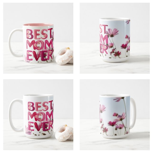 Mug Élégante Moderne Meilleure Maman Florale Rose (Elegant Modern Mother's Best Mom Ever Pink Floral Coffee Mug)