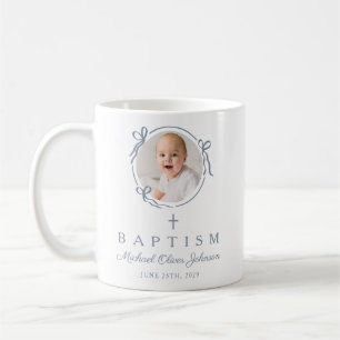 Mug Élégante Photo de Baptême de Garçon en Bleu Poussi