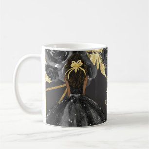 Mug Élégante princesse florale d'or noir Quinceanera