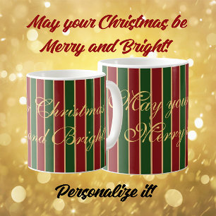 Mug Élégante Rayure Rouge Verte Fête Personnalisée