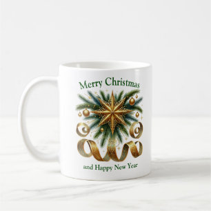 Mug Elégante sauge et or étoile de Noël et verdure