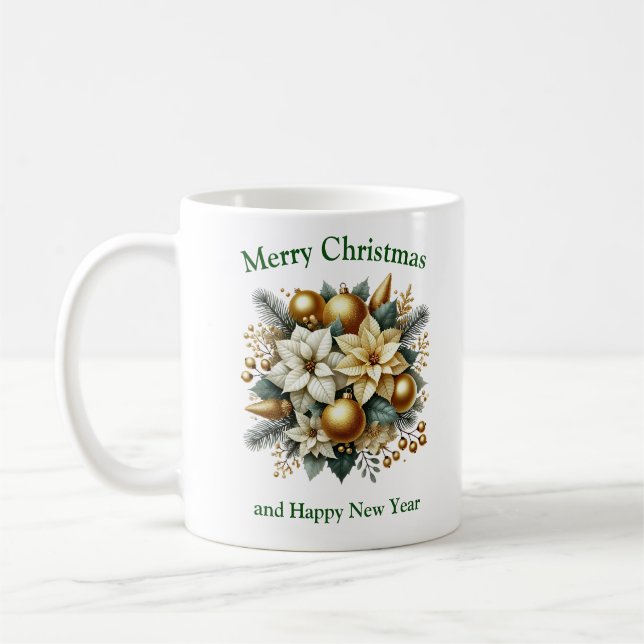 Mug Elégante sauge et or Noël poinsettia blanche (Gauche)