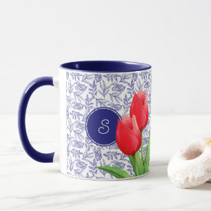 Mug Elégante Tulipes Rouges Printemps Floral Blue Mono