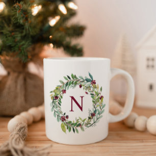 Mug Élégante verdure hivernale Bourgogne Monogramme Wr