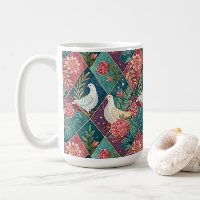 Mug Elégantes colombes blanches rose floral & or géomé (Avec donut)