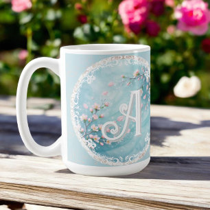 Mug Élégantes Initiales Fleur de Cerisier Turquoise Ro