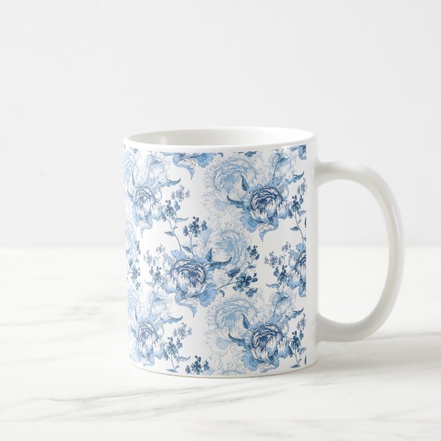 Mug Élégantes pivoines gravées en bleu et blanc (Droite)