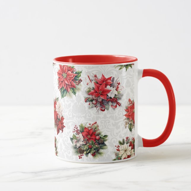 Mug Élégantes Poinsettias de Noël et Damas (Droite)