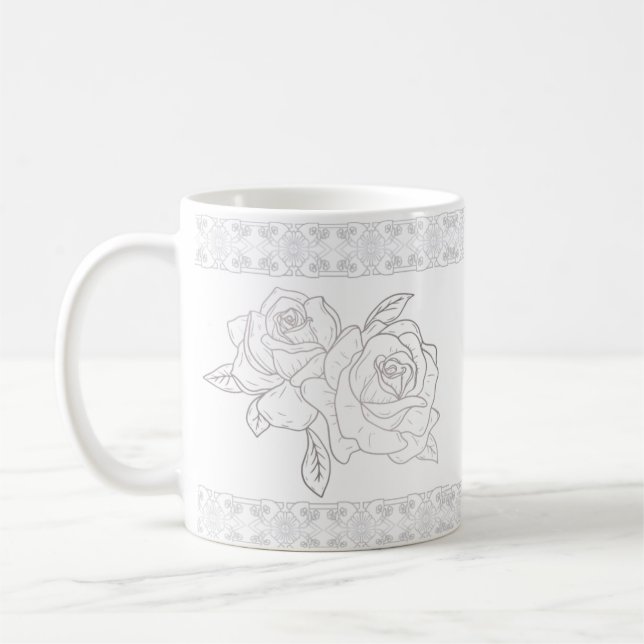 Mug Élégants Roses D'Argent Et Broderie De Dentelles (Gauche)