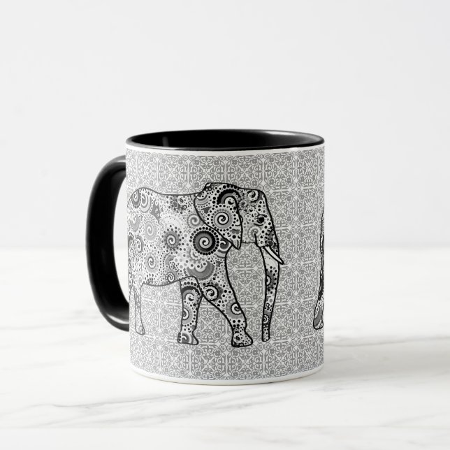 Mug Éléphale tourbillon fractal - gris, noir et blanc (Devant gauche)