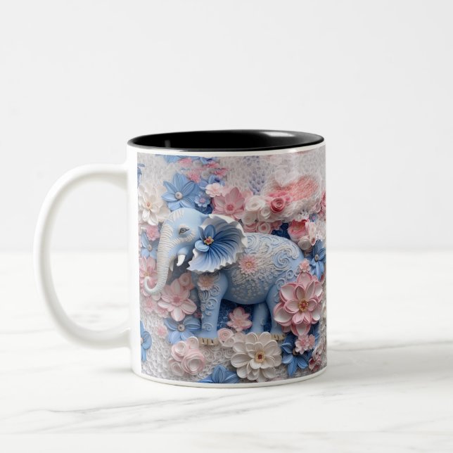 Mug Eléphant Bleu 3D avec fleurs (Gauche)