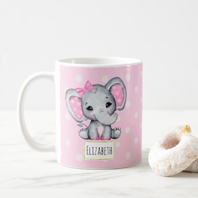 Mug Eléphant de bébé rose mignon avec oreilles Poka Do (Avec donut)