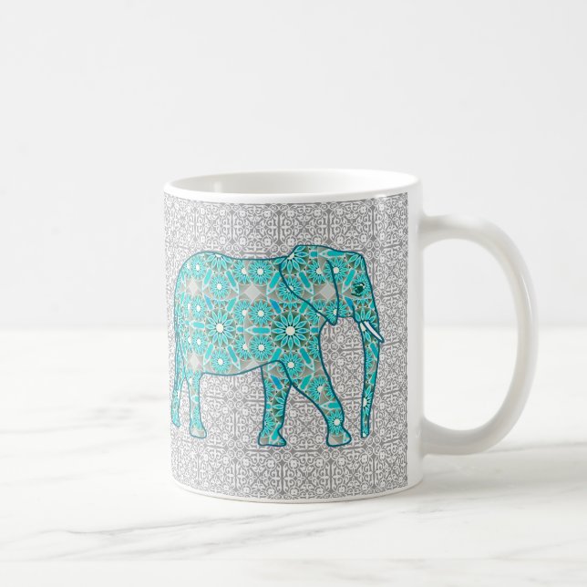 Mug Eléphant fleur Mandala - turquoise, gris & blanc (Droite)