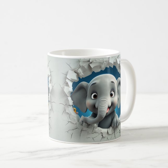 Mug Éléphant Gris de Dessin Animé Cassant un Mur Gris  (Devant droit)