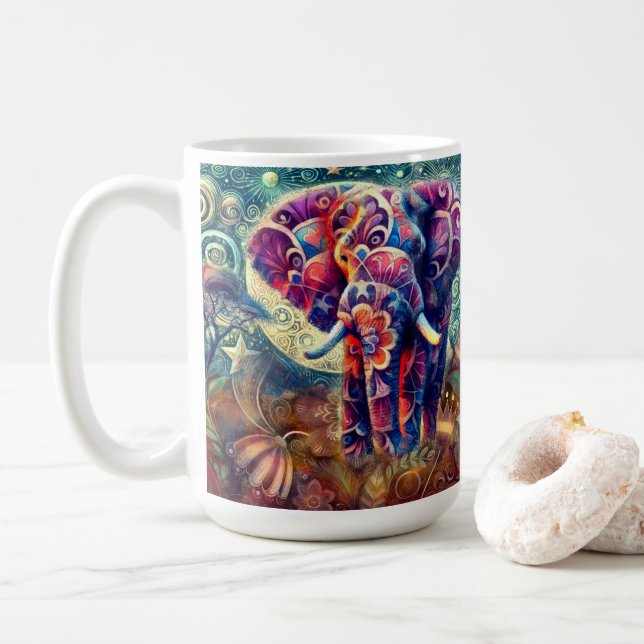 Mug Éléphant lunaire à la nuit Bleu pourpre étoiles Lu (Avec donut)