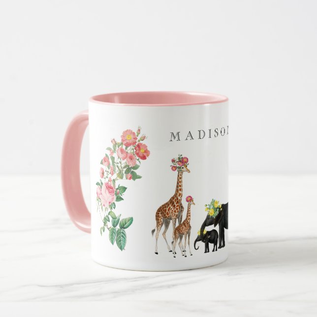 Mug Eléphant mignon et girafe Floral Nom personnalisé (Devant gauche)
