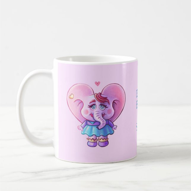 Mug Eléphant rose mignon dans l'amour (avec votre nom) (Gauche)