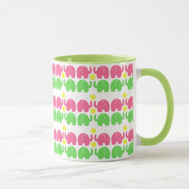 Mug Eléphants roses et verts avec fleurs (Droite)