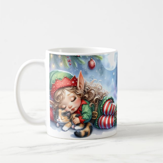 Mug Elfe de Noël couché avec Calico Kitten (Gauche)