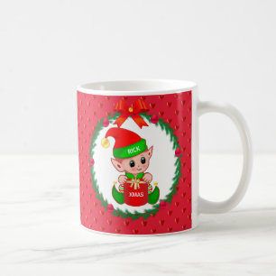 Mug elfe de Noël, couronne de pin, boules rouges & coe