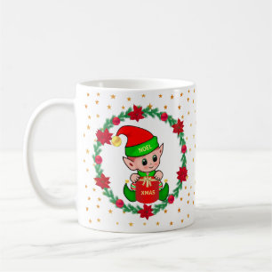 Mug elfe de Noël, couronne de pin, poinsettias & étoil