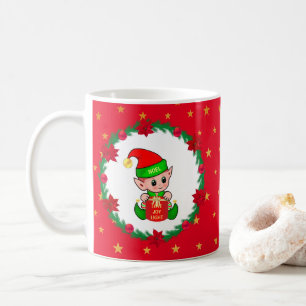 Mug elfe de Noël, couronne de pin, poinsettias & étoil