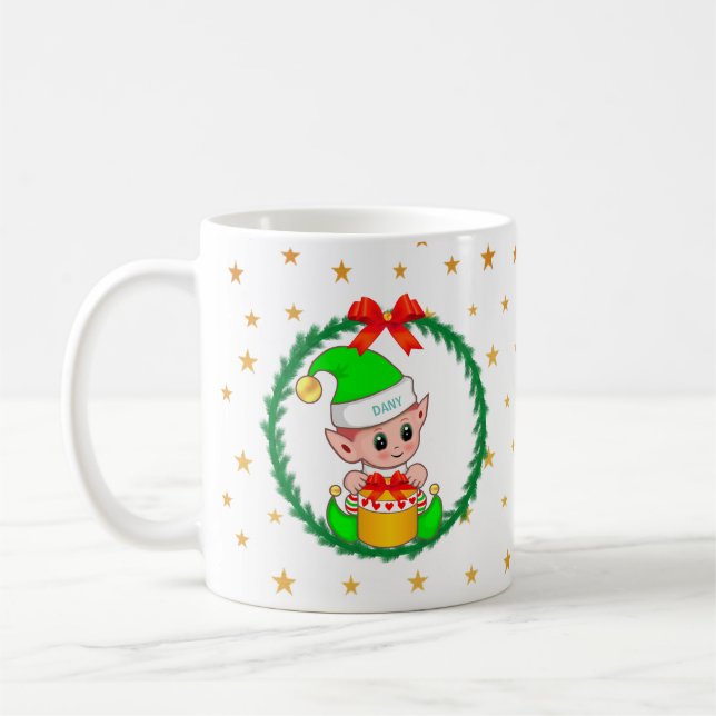 Mug Elfe de Noël vert mignonne, Wreath de pin & Étoile (Gauche)