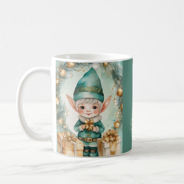 Mug Elfe mignon avec cadeaux de Noël  (Gauche)
