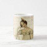 Mug Elinor, Jane Austen, Réserviste, crème<br><div class="desc">Elinor est une tasse d'inspiration Jane Austen,  avec une belle plaque de mode de régence peinte à la main posée sur une page d'un manuscrit écrit par Jane Austen.  Idéal pour les amoureux de la romancière anglaise la plus quintessence Jane Austen. © Julie McIver/WicktlyLovely</div>