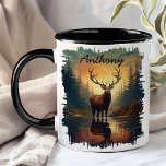 Mug Elk à Sunrise Forest Reflection<br><div class="desc">Commencez votre journée par la beauté majestueuse de l'Elk at Sunrise Forest Reflection Mug. Cette magnifique tasse présente un wapiti royal au bord d'un lac forestier tranquille au lever du soleil, avec la lumière dorée et les arbres sereins magnifiquement réfléchis dans l'eau. Customisé avec votre nom, il ajoute une touche...</div>