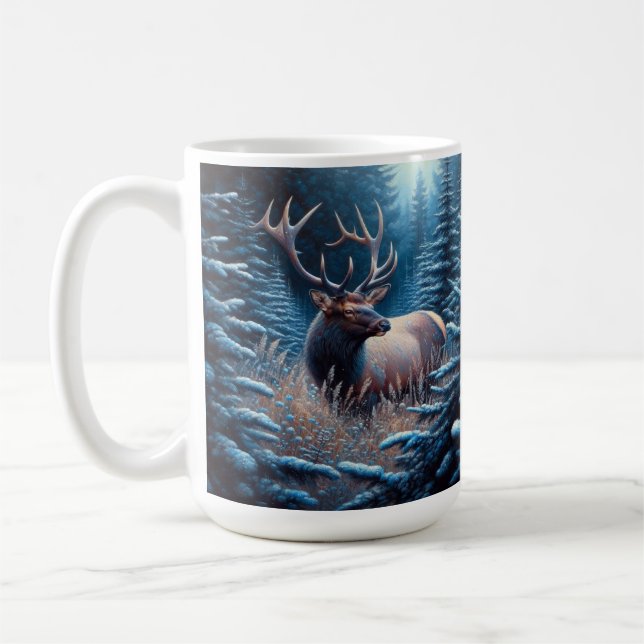 Mug Elk taureau dans la prairie avec pins (Gauche)