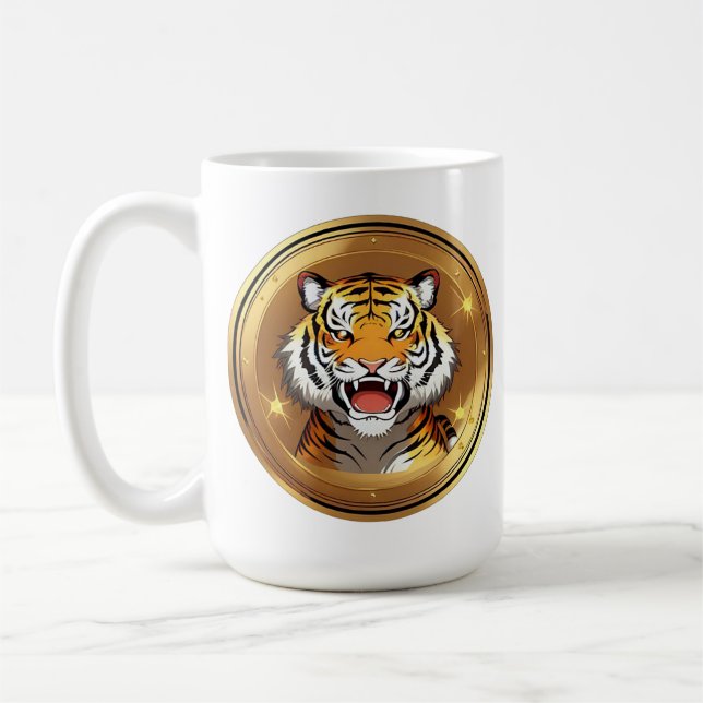 Mug Emblème de tête de tigre sur fond circulaire doré (Gauche)