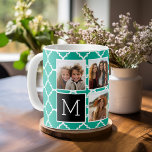 Mug Emerald & Black Instagram 5 Photo Collage Monogram<br><div class="desc">Motif Quatrefoil vert et blanc - Utilisez cinq photos carrés pour créer un cadeau unique et personnel. Ou vous pouvez garder le chiot hipster et faire un gardien branché. Si vous avez besoin d'ajuster les images,  cliquez sur l'outil personnaliser pour apporter des modifications.</div>