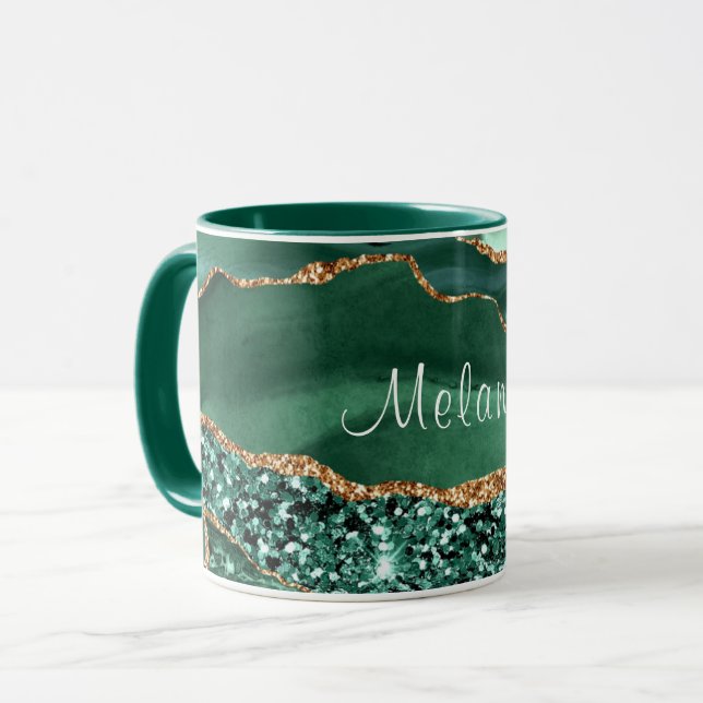 Mug Emerald Green Parties scintillant en or marbre Nom (Devant gauche)