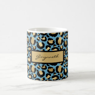 Mug Empreinte de léopard Black Gold bleu avec votre n