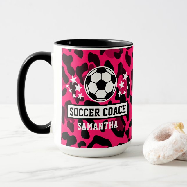 Mug Empreinte de léopard rose Nom de l'entraîneur (Avec donut)