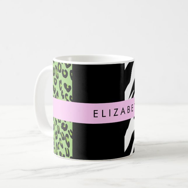 Mug Empreinte de léopard, Zebra Print, Vert, Votre nom (Devant gauche)