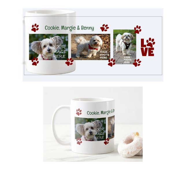 Mug Empreintes de pattes 3 photos de chiens Noms Moder (Cute, modern personalized photo mug, 3 photos of dogs or other pets, and their personalized names)